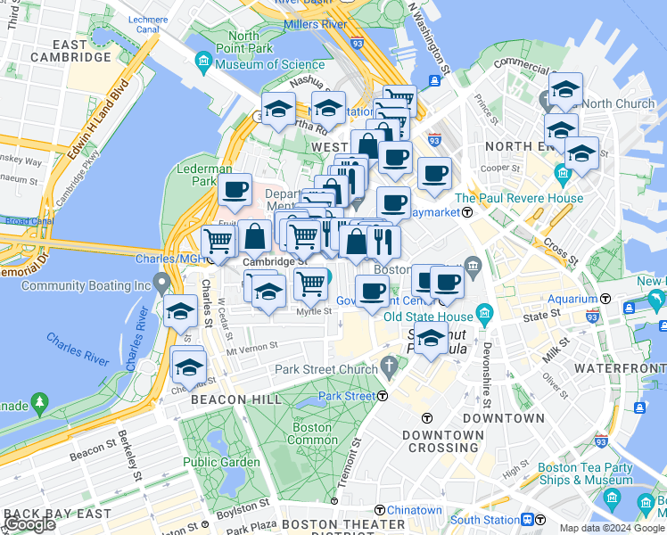 map of restaurants, bars, coffee shops, grocery stores, and more near 131A Cambridge Street in Boston