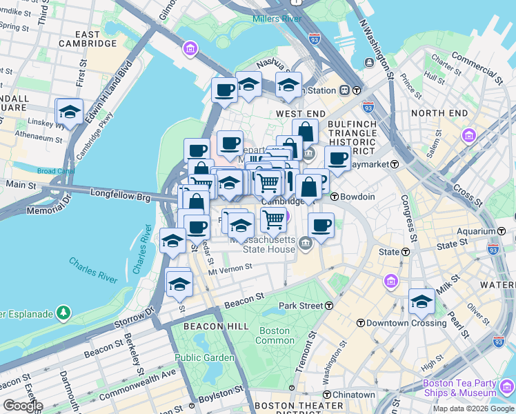map of restaurants, bars, coffee shops, grocery stores, and more near 10-12 Blossom Street in Boston
