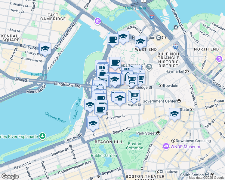 map of restaurants, bars, coffee shops, grocery stores, and more near 300 Cambridge Street in Boston