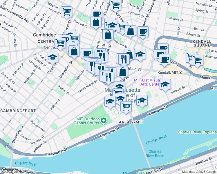 map of restaurants, bars, coffee shops, grocery stores, and more near 21 Osborn Street in Cambridge