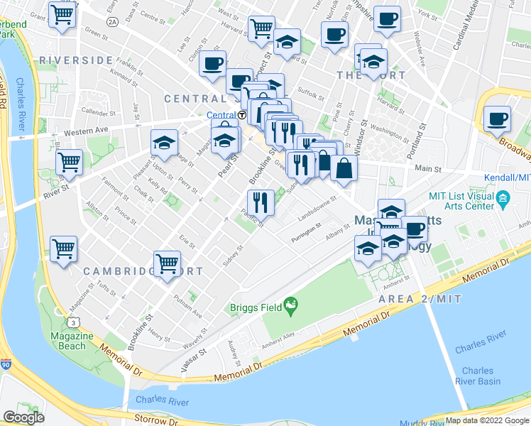 map of restaurants, bars, coffee shops, grocery stores, and more near 364 Broadway in Cambridge