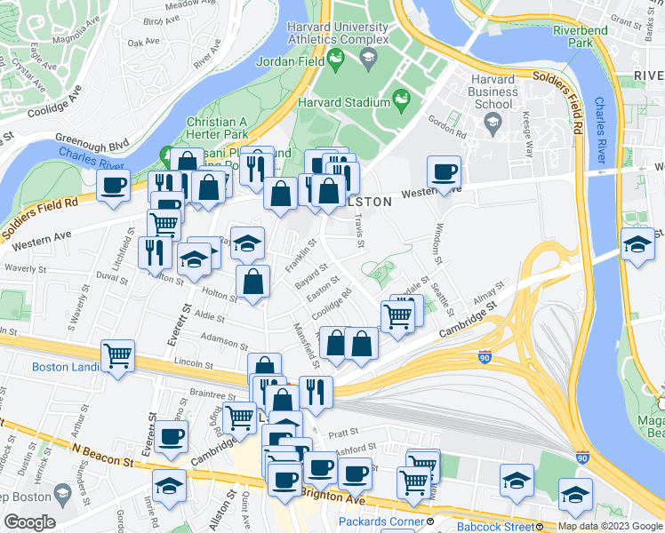 map of restaurants, bars, coffee shops, grocery stores, and more near 11-11A Bayard Street in Boston