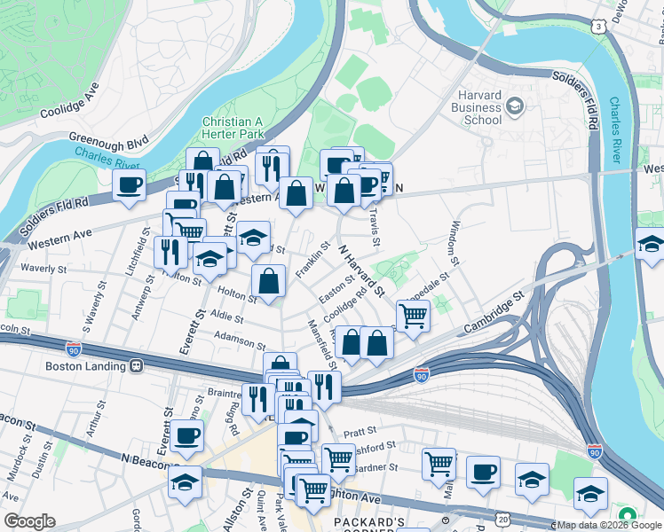 map of restaurants, bars, coffee shops, grocery stores, and more near 240 North Harvard Street in Boston