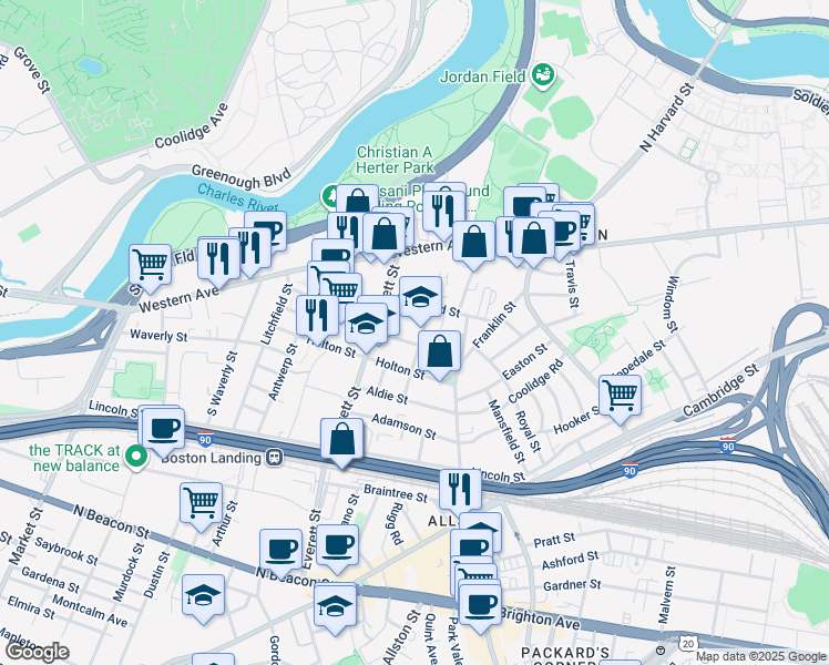 map of restaurants, bars, coffee shops, grocery stores, and more near 17 Raymond Street in Boston