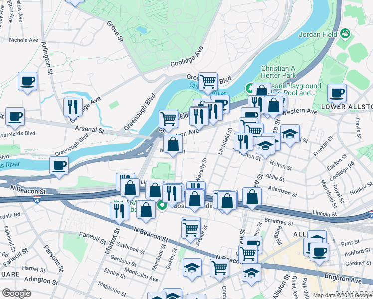 map of restaurants, bars, coffee shops, grocery stores, and more near in Boston