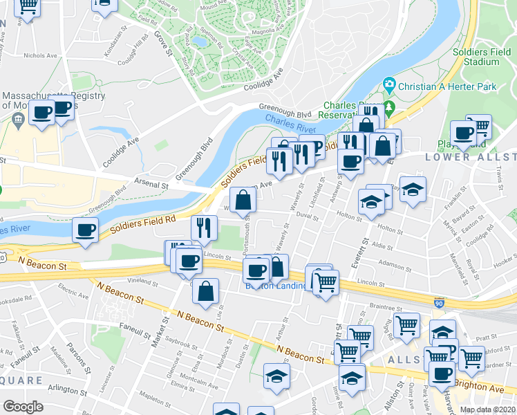 map of restaurants, bars, coffee shops, grocery stores, and more near in Boston