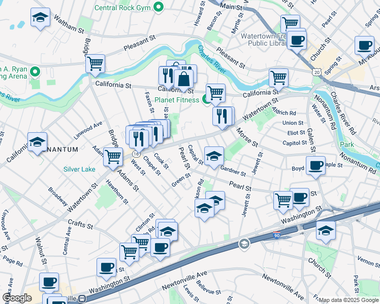 map of restaurants, bars, coffee shops, grocery stores, and more near 4 Capital Street in Newton