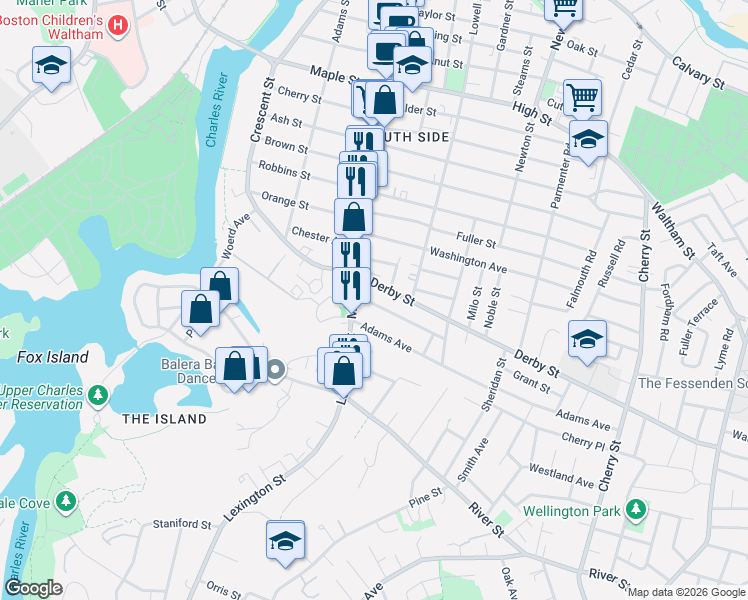 map of restaurants, bars, coffee shops, grocery stores, and more near 24 Derby Street in Waltham