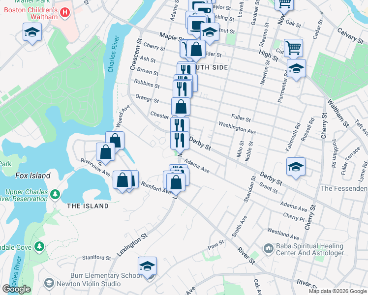 map of restaurants, bars, coffee shops, grocery stores, and more near in Waltham