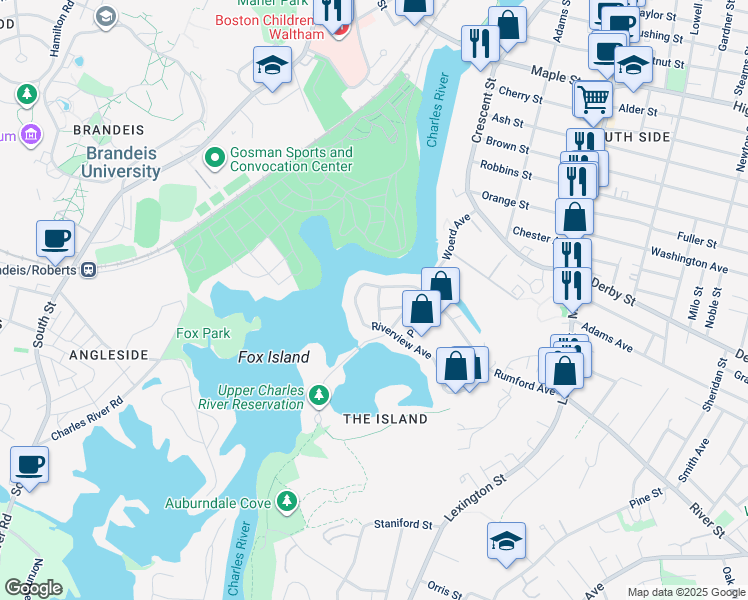map of restaurants, bars, coffee shops, grocery stores, and more near 57 Riverview Avenue in Waltham