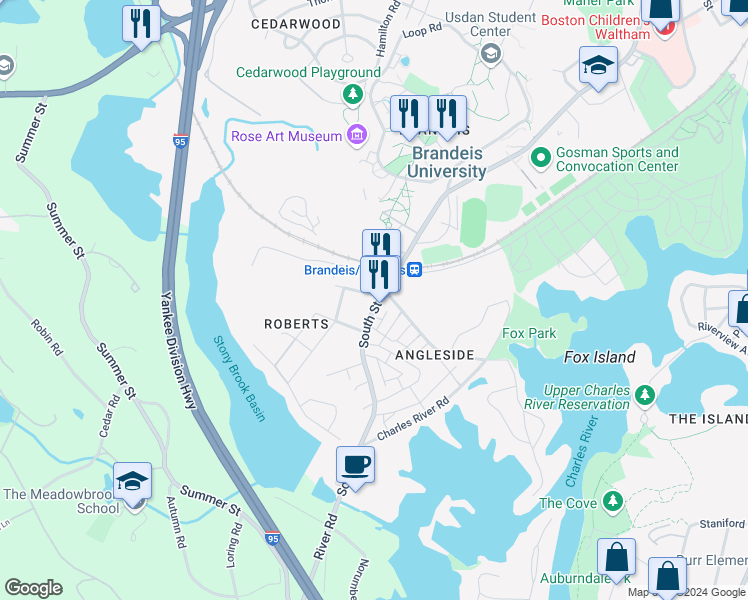 map of restaurants, bars, coffee shops, grocery stores, and more near 20 Turner Street in Waltham