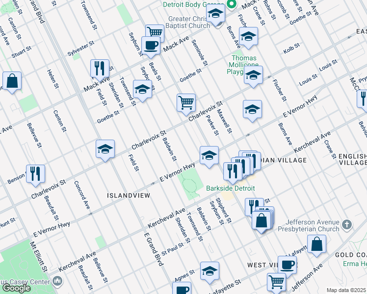 map of restaurants, bars, coffee shops, grocery stores, and more near 2528 Seyburn Street in Detroit