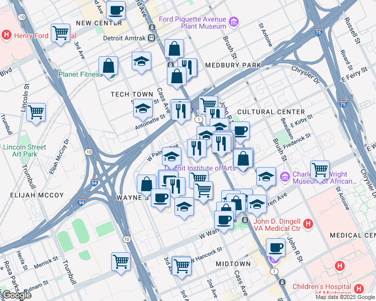 map of restaurants, bars, coffee shops, grocery stores, and more near 51 West Palmer Avenue in Detroit