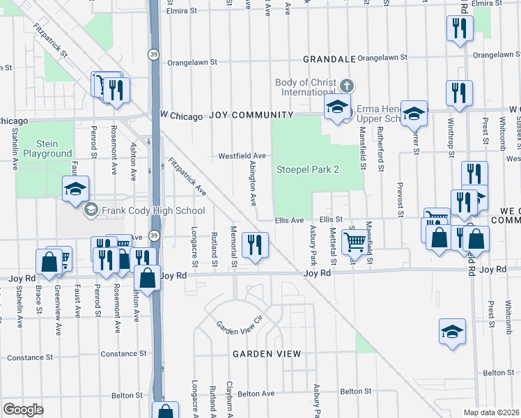 map of restaurants, bars, coffee shops, grocery stores, and more near 9155 Grandmont Avenue in Detroit