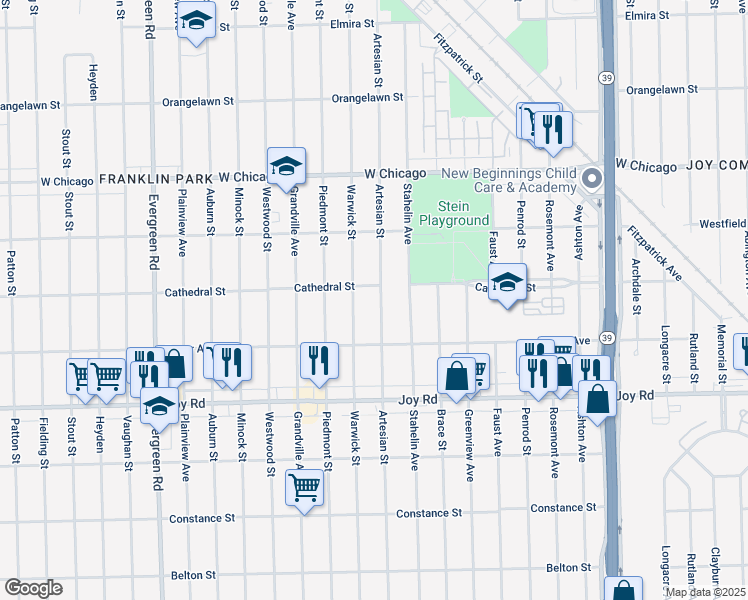 map of restaurants, bars, coffee shops, grocery stores, and more near 9202 Artesian Street in Detroit