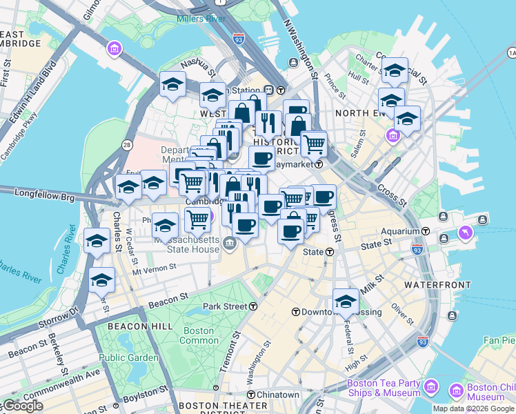 map of restaurants, bars, coffee shops, grocery stores, and more near 100 Cambridge Street in Boston