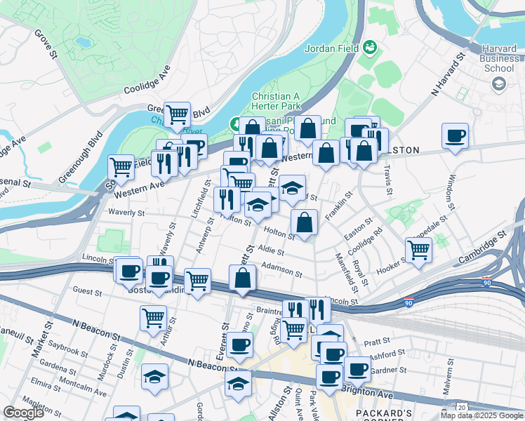map of restaurants, bars, coffee shops, grocery stores, and more near 227 Everett Street in Boston