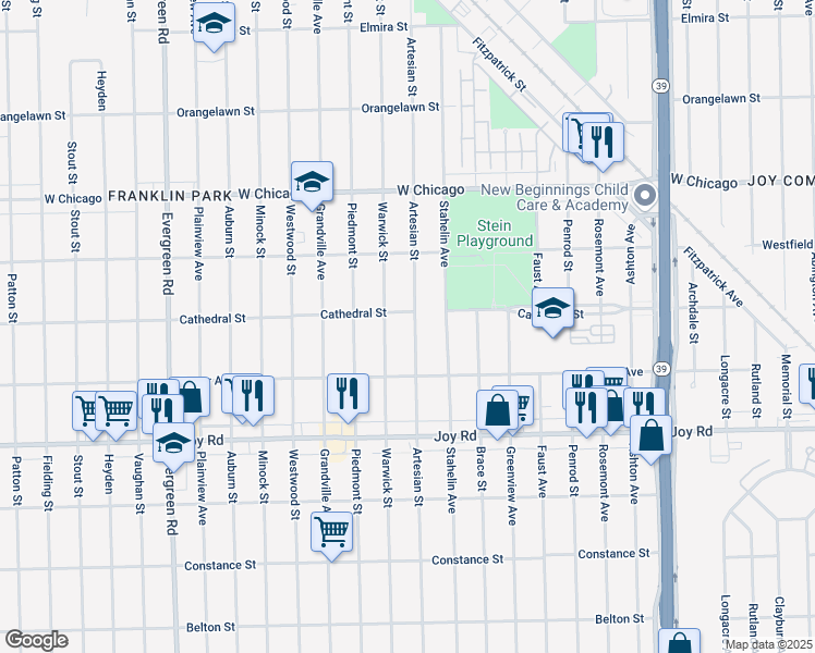 map of restaurants, bars, coffee shops, grocery stores, and more near 9202 Artesian Street in Detroit