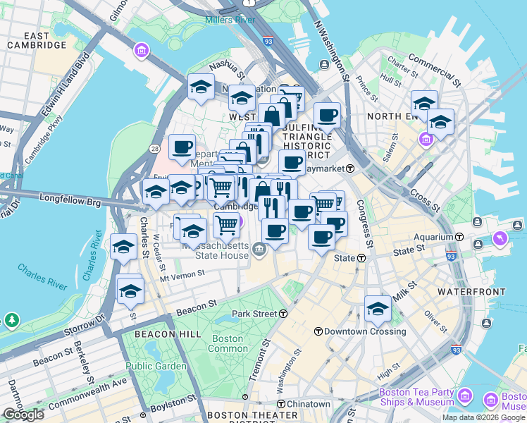 map of restaurants, bars, coffee shops, grocery stores, and more near 131A Cambridge Street in Boston