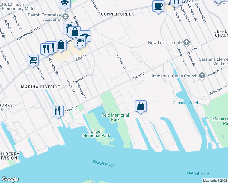 map of restaurants, bars, coffee shops, grocery stores, and more near 176 Sea Breeze Drive in Detroit