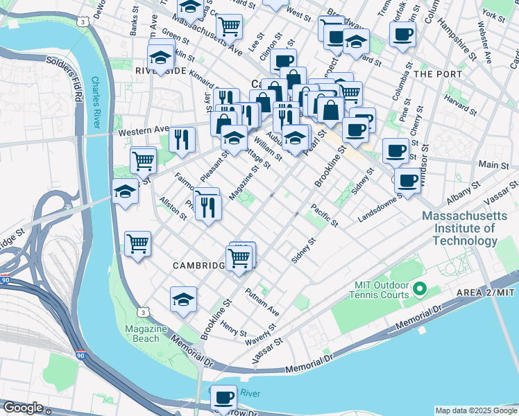 map of restaurants, bars, coffee shops, grocery stores, and more near 29 Lawrence Street in Cambridge