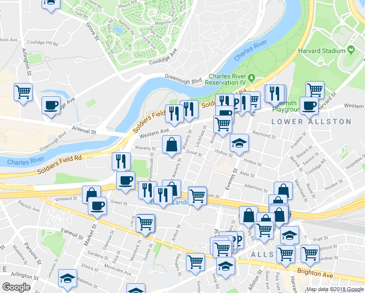map of restaurants, bars, coffee shops, grocery stores, and more near 16 Abby Road in Boston