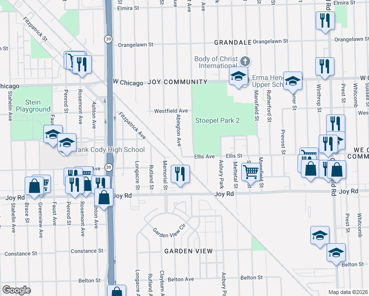 map of restaurants, bars, coffee shops, grocery stores, and more near 9155 Grandmont Avenue in Detroit