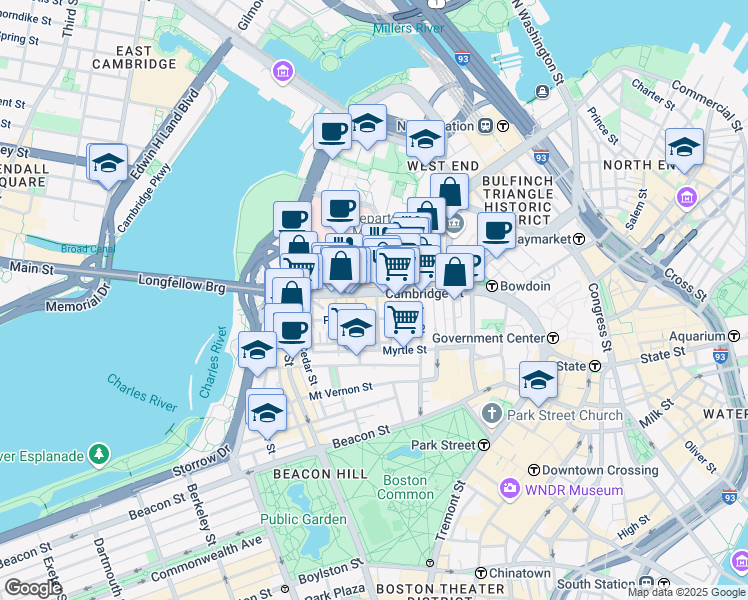 map of restaurants, bars, coffee shops, grocery stores, and more near 1 Garden Street in Boston