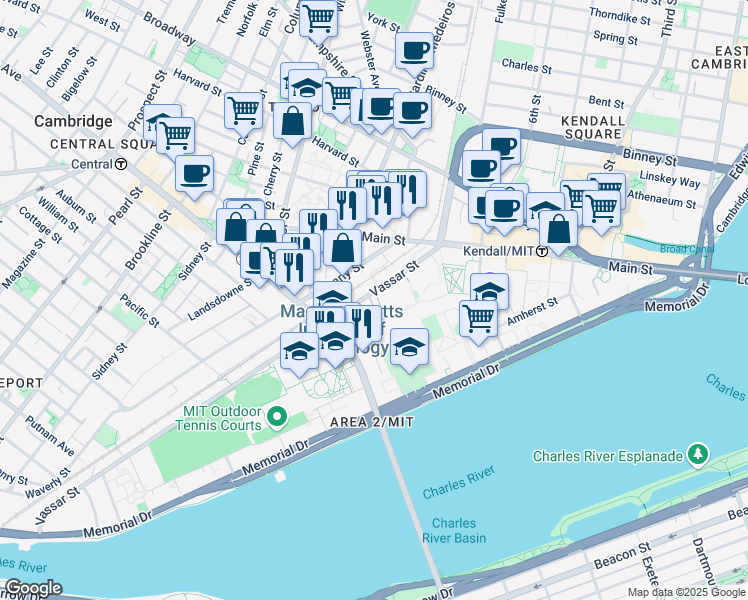 map of restaurants, bars, coffee shops, grocery stores, and more near 60 Vassar Street in Cambridge