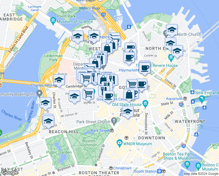 map of restaurants, bars, coffee shops, grocery stores, and more near in Boston