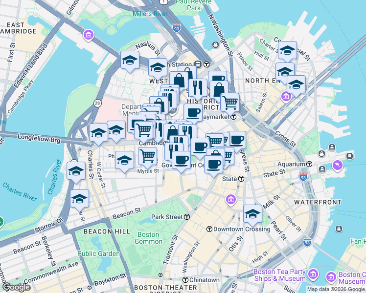 map of restaurants, bars, coffee shops, grocery stores, and more near 10 Bowdoin Street in Boston