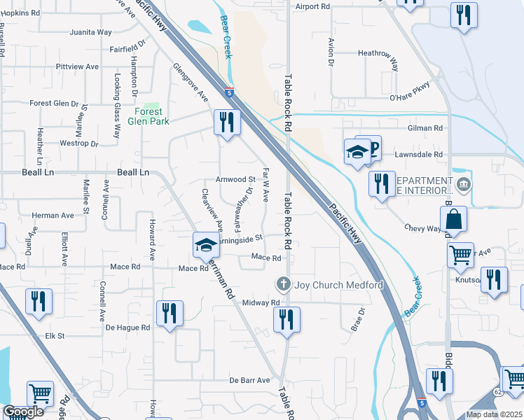 map of restaurants, bars, coffee shops, grocery stores, and more near 2939 Far West Avenue in Medford