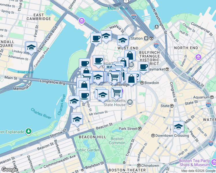 map of restaurants, bars, coffee shops, grocery stores, and more near 10-12 Blossom Street in Boston