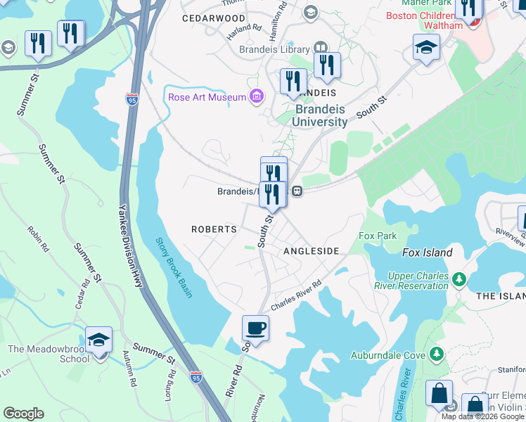 map of restaurants, bars, coffee shops, grocery stores, and more near 20 Turner Street in Waltham
