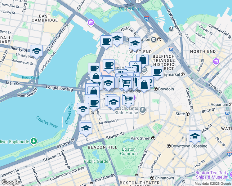 map of restaurants, bars, coffee shops, grocery stores, and more near 250 Cambridge Street in Boston