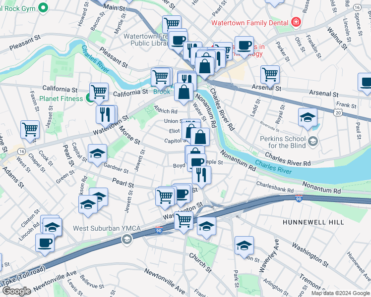 map of restaurants, bars, coffee shops, grocery stores, and more near 25 Capitol Street in Watertown