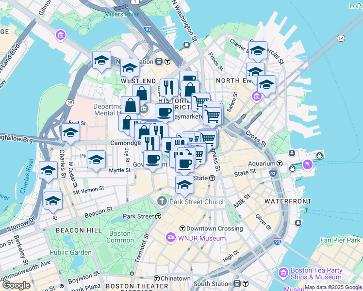 map of restaurants, bars, coffee shops, grocery stores, and more near 15 Sudbury Street in Boston