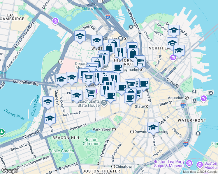 map of restaurants, bars, coffee shops, grocery stores, and more near in Boston