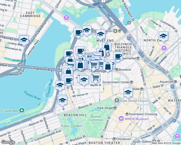 map of restaurants, bars, coffee shops, grocery stores, and more near 10-12 Blossom Street in Boston