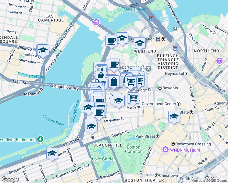 map of restaurants, bars, coffee shops, grocery stores, and more near 300 Cambridge Street in Boston