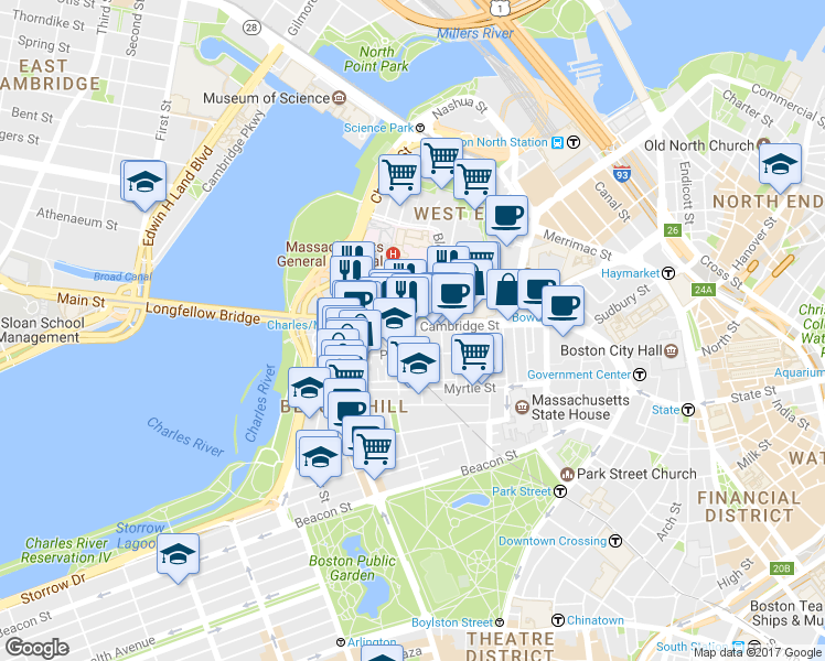 map of restaurants, bars, coffee shops, grocery stores, and more near 280 Cambridge Street in Boston