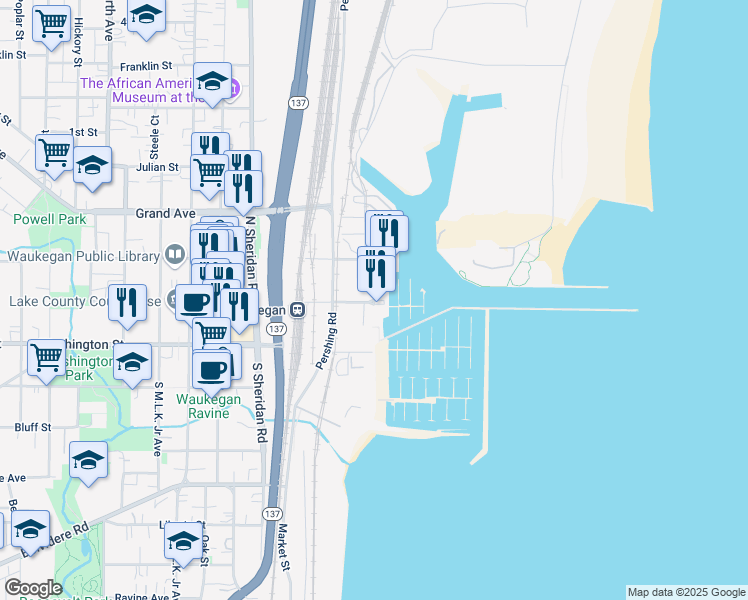 map of restaurants, bars, coffee shops, grocery stores, and more near 101 South Harbor Place in Waukegan