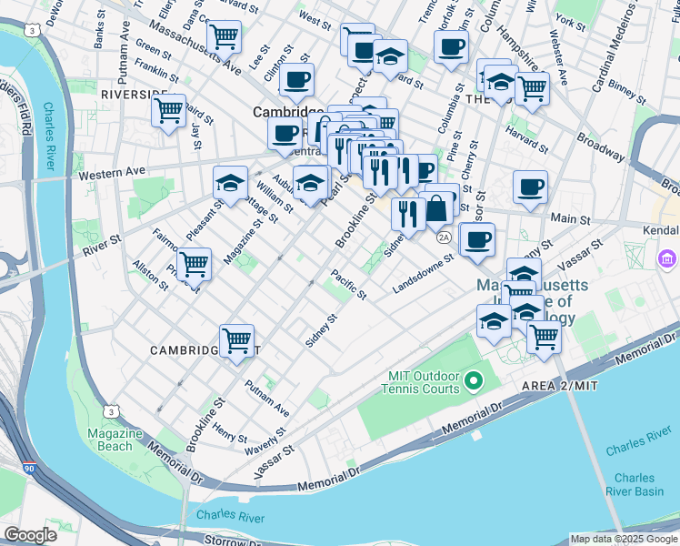map of restaurants, bars, coffee shops, grocery stores, and more near 1 Brookline Place in Cambridge