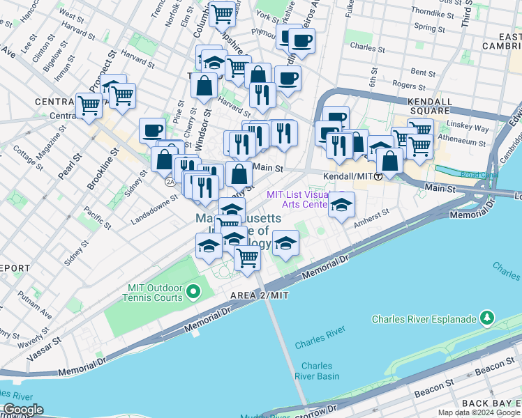map of restaurants, bars, coffee shops, grocery stores, and more near 70 Vassar Street in Cambridge