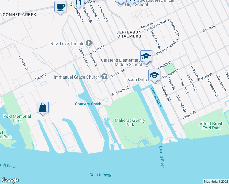 map of restaurants, bars, coffee shops, grocery stores, and more near 462 Conner Street in Detroit