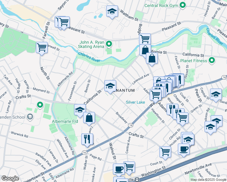 map of restaurants, bars, coffee shops, grocery stores, and more near 18 Lawn Avenue in Newton