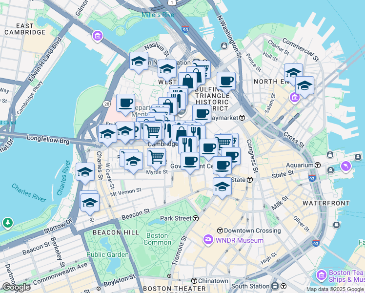 map of restaurants, bars, coffee shops, grocery stores, and more near 131A Cambridge Street in Boston