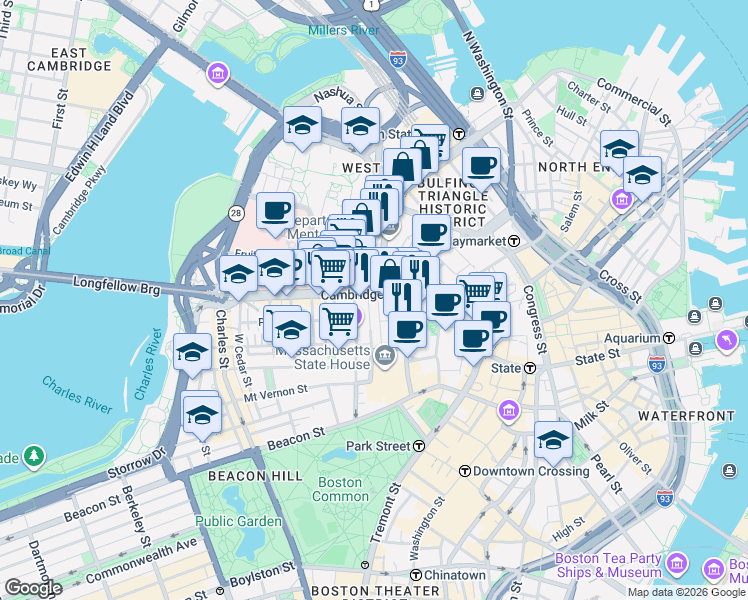 map of restaurants, bars, coffee shops, grocery stores, and more near 20 Staniford Street in Boston