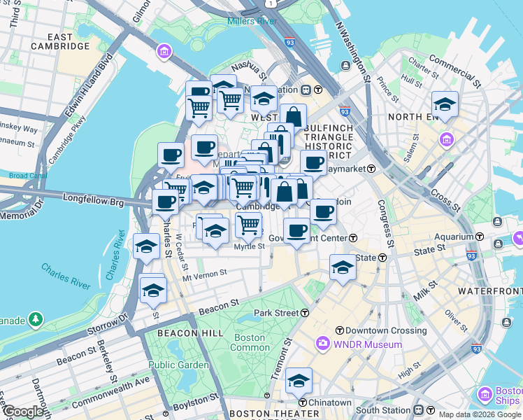 map of restaurants, bars, coffee shops, grocery stores, and more near 165 Cambridge Street in Boston