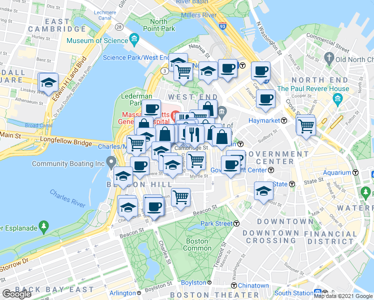 map of restaurants, bars, coffee shops, grocery stores, and more near 10-12 Blossom Street in Boston